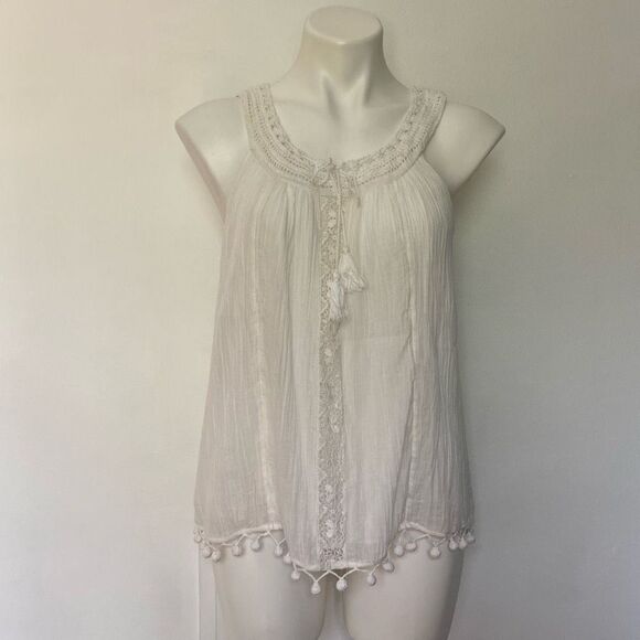 Joié tank top Boho Pom Pom trim crochet neck - Picture 1 of 9
